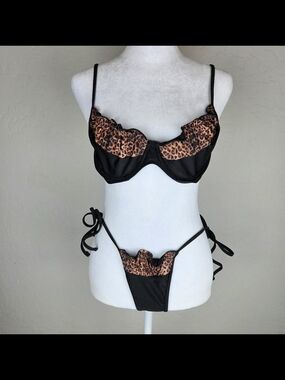 Fashion Nova Black Bikini Set with Leopard Ruffle Accents
